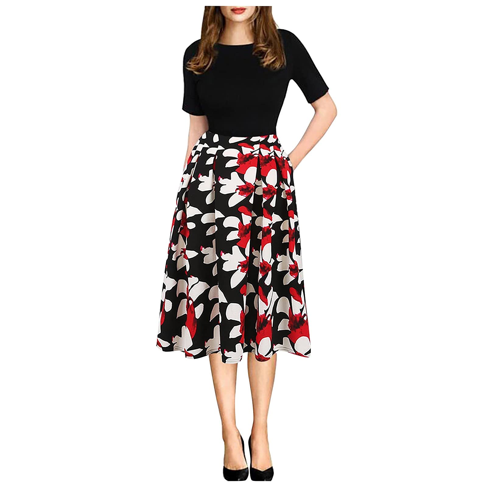 LINKIOM Women's Summer Fashion Princess Dress - Short Sleeve, Spliced Print Hem Flowy Dress for Casual Wear, Beach Vacation & Party Outfits