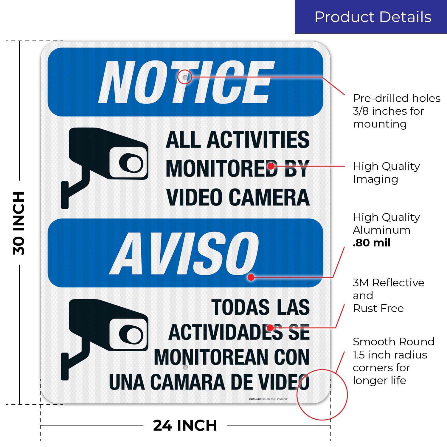 Security Camera Sign - Bilingual Video Surveillance Warning Sign 24x30 Inches | 3M EGP Reflective .080 Aluminum | Fade Resistant for Indoor & Outdoor Use | Made in USA | Ideal for Home Security, Business Protection & Property Monitoring