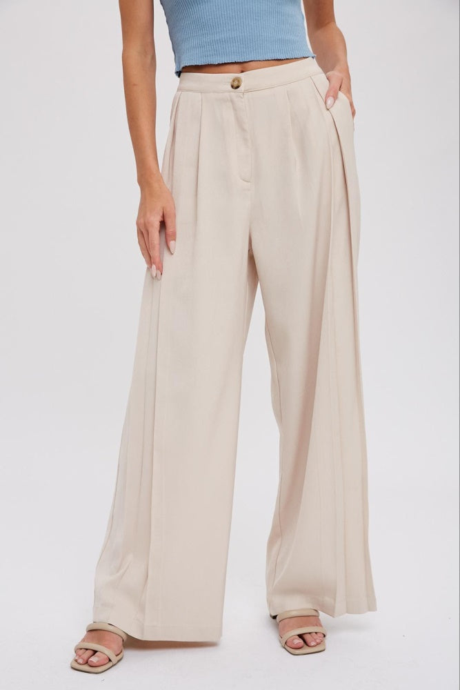 Beige Pintuck Wide Leg Pants for Women - High Waisted Linen Blend Trousers | Office Wear, Casual Outfits & Summer Fashion