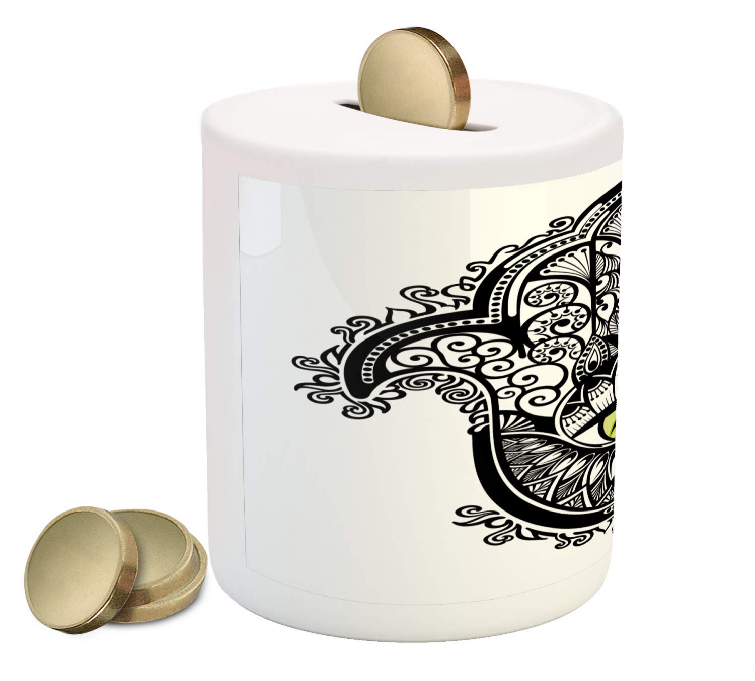 Ambesonne Evil Eye Piggy Bank - Vivid All Seeing Eye Ceramic Coin Bank for Cash Savings, Yellow White & Black | Perfect for Home Decor, Gift Giving & Money Saving Goals