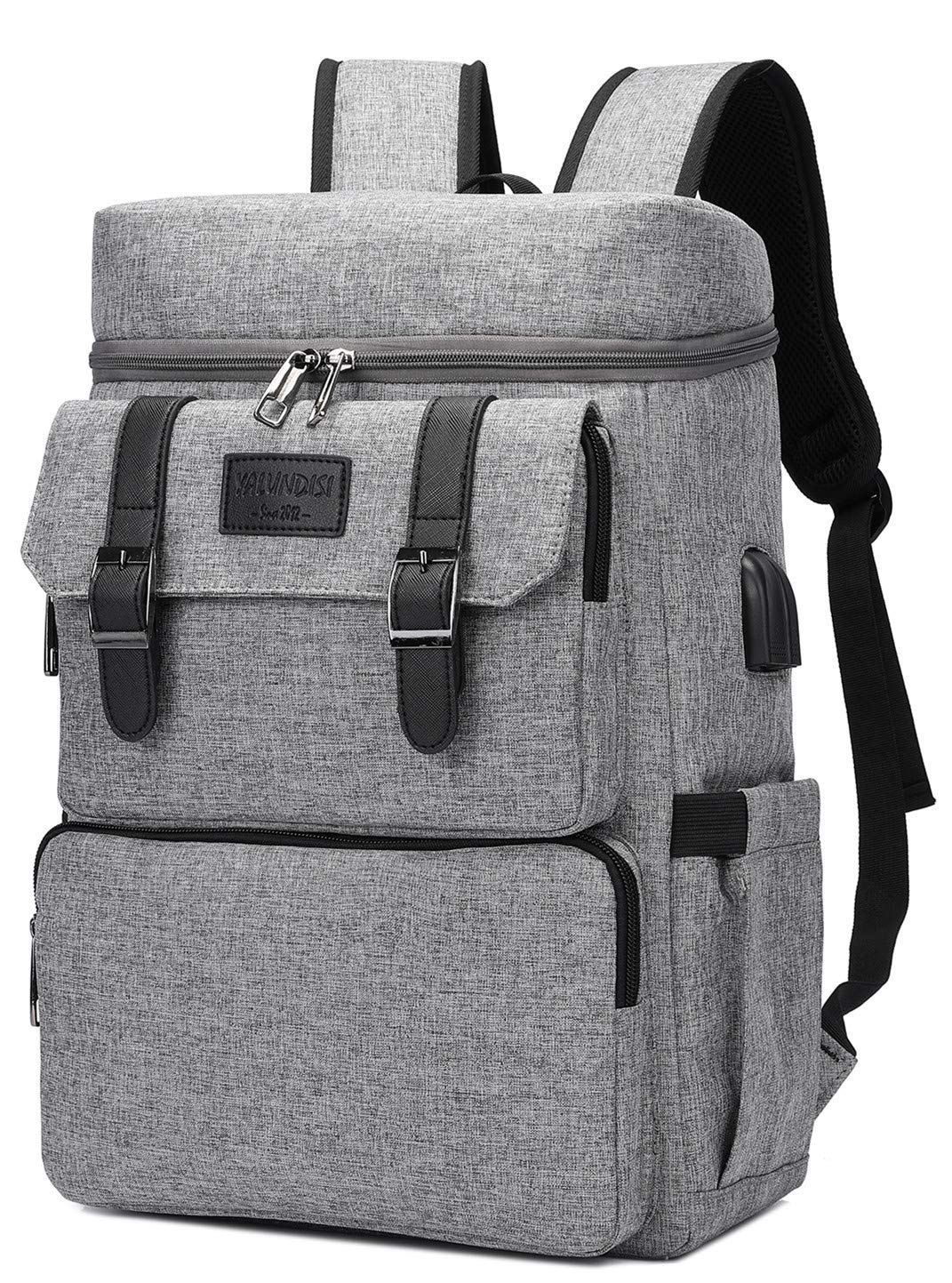 YALUNDISI Vintage Backpack for Men & Women - 16 Inch Laptop Backpack, College Bookbag with USB Charging Port - Perfect for School, Work & Travel (Grey)