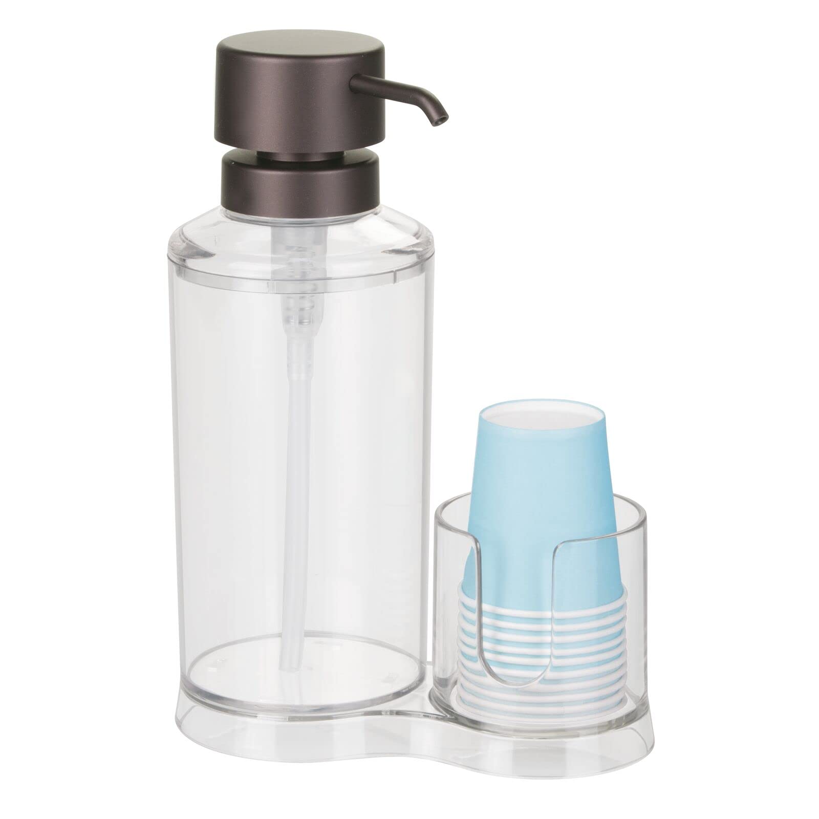 mDesign Plastic Refillable Mouthwash Dispenser with 8 Paper Cups - Bathroom Vanity Organizer for Countertop & Cupboard - Clear/Bronze Lumiere Collection - Perfect for Home, Hotel & Dental Office Use