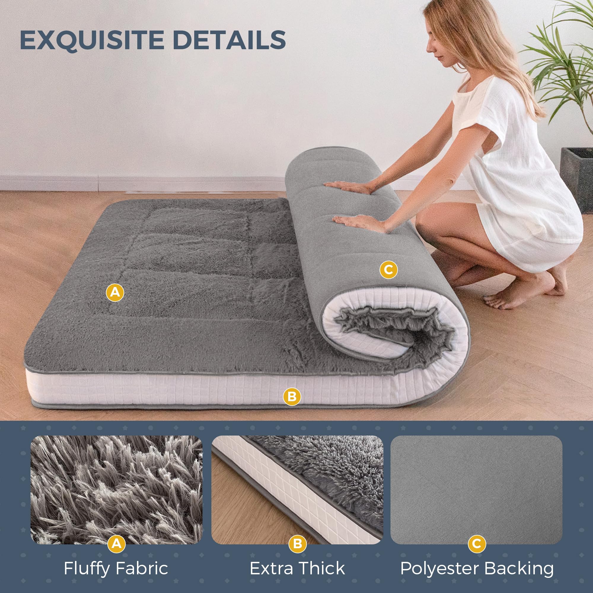 MAXYOYO 6 Inch Extra Thick Fluffy Floor Futon Mattress - Queen Size Plush Japanese Style Bed for Adults, Super Soft Portable Guest Mattress for RV, Home & Travel - Dark Grey | Perfect for Small Spaces, Sleepovers & Camping