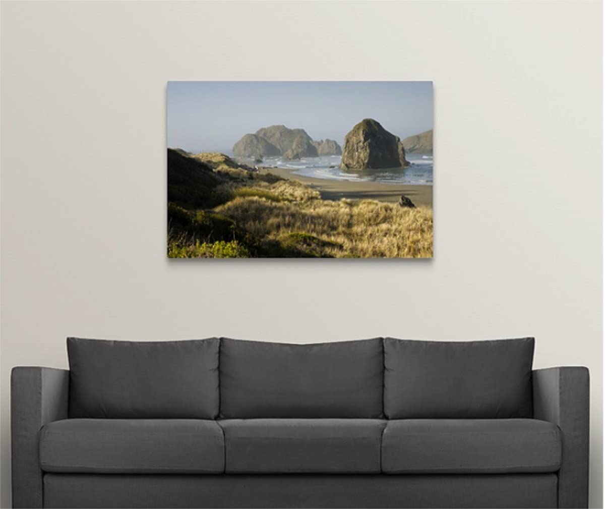Coastal Ocean Sea Stacks and Beach at Morning Landscape Photo Wall Art Print - Acrylic Framed Canvas (24x36 inches) - Perfect for Living Room, Bedroom, Office Decor