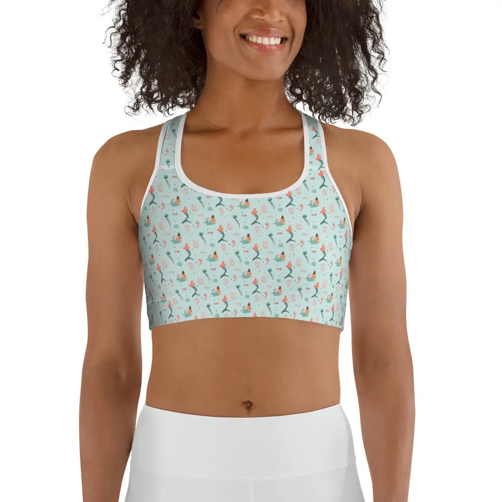 High Support Sports Bra for Women - Mermaid Sea Print Gym Workout Top - Perfect for Yoga, Running & Fitness Training