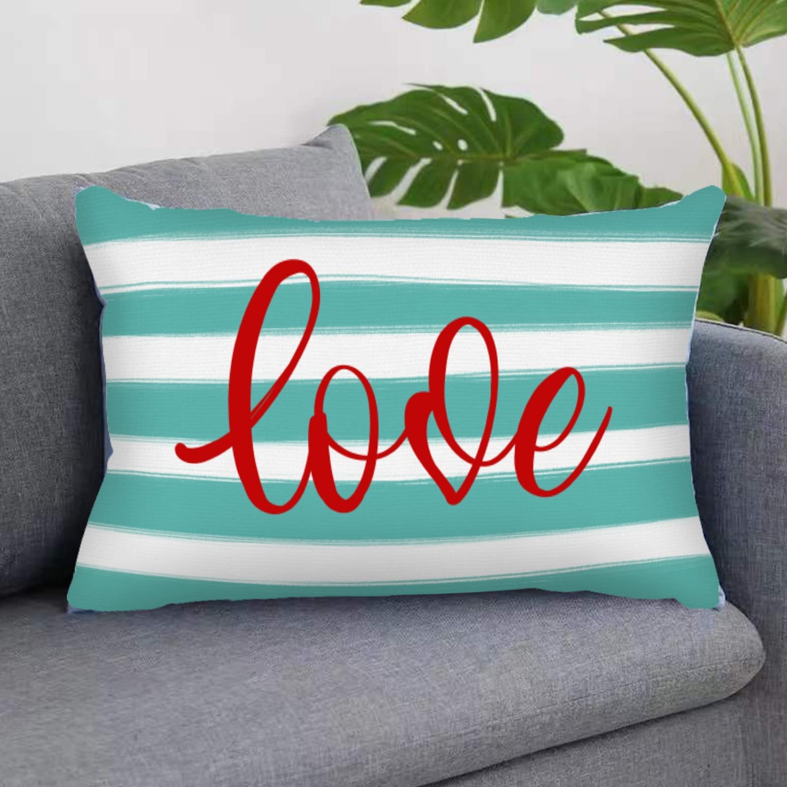 Turquoise Throw Pillow Covers 12x20 Inch - Romantic Love Rectangle Cushion Covers in Teal and White Stripes - Perfect for Bedroom, Sofa, Festival, Anniversary & Wedding Decor