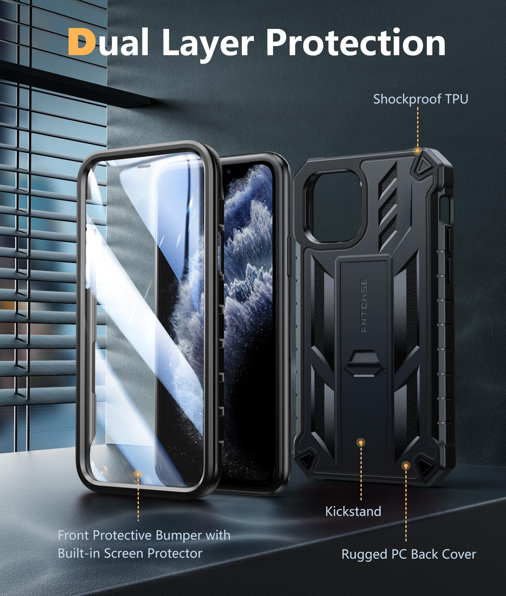 FNTCASE Military Grade Shockproof iPhone 11 Pro Case (5.8 Inch) - Rugged Dual Protection Matte Hard Cover with Kickstand | Drop Proof Heavy Duty Phone Case in Black | Perfect for Outdoor, Work & Travel Protection