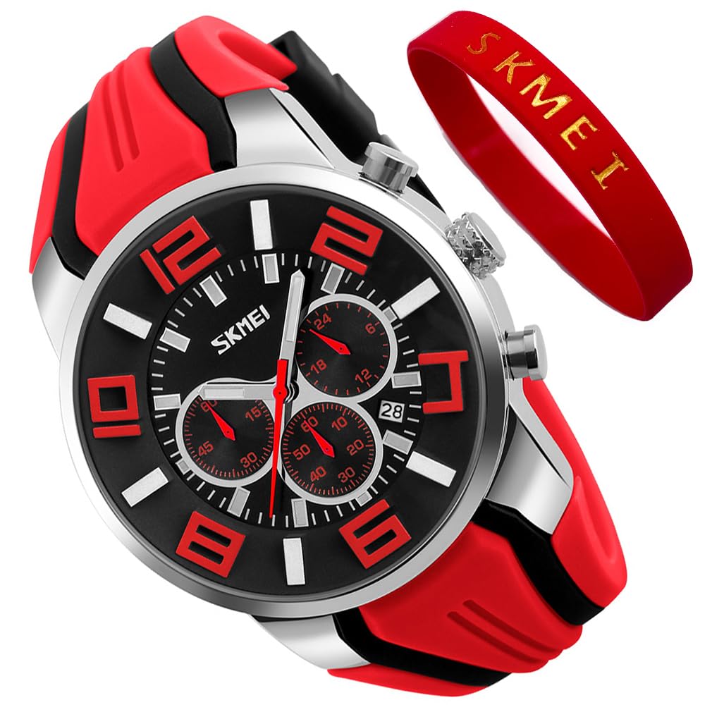 SKMEI Men's Waterproof Sports Watch - Large Face Analog Quartz Chronograph with Silicone Band, Luminous Hands, Luxury Black Design - Perfect for Running, Gym, Outdoor Activities & Casual Wear