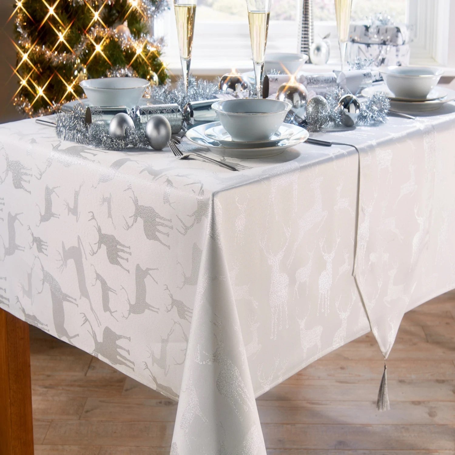 Stag Christmas Tablecloth Silver - Elegant Holiday Dining Decor for Festive Parties & Family Gatherings