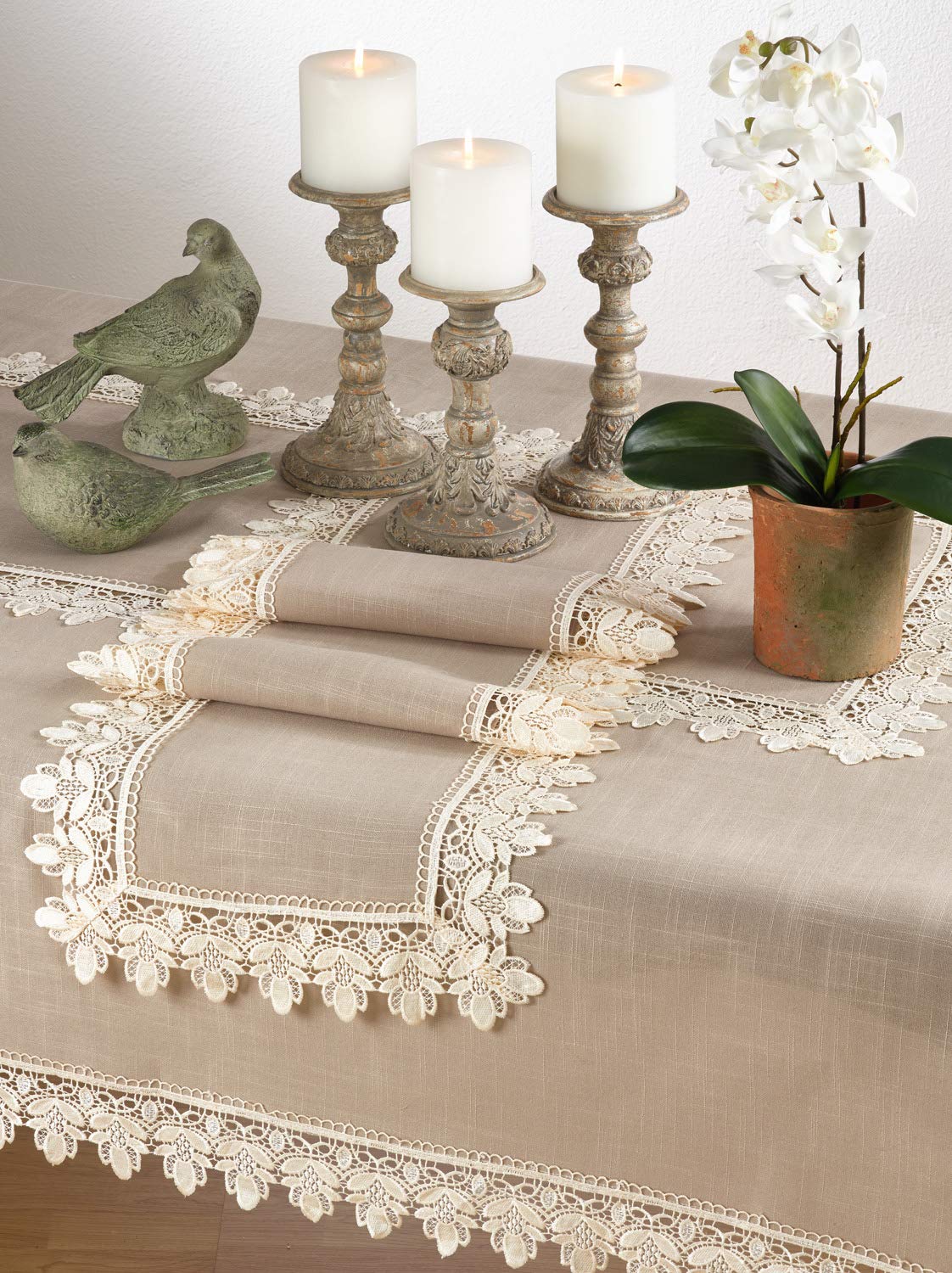 Fennco Styles Venetto Lace Trimmed Elegant Tablecloth 65 x 160 Inch - Taupe Table Cover for Home Décor, Banquets, Wedding, Family Gathering | Perfect for Dining Room, Party Decorations & Special Occasions