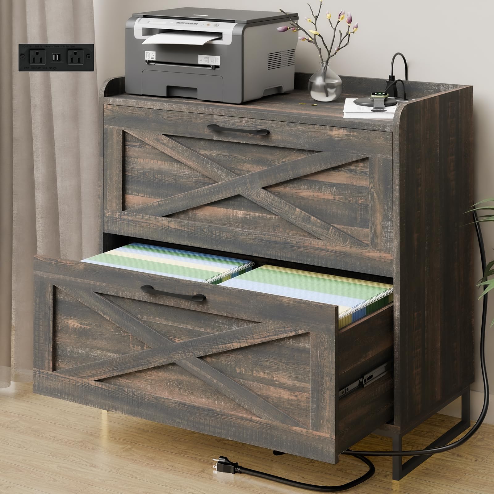2-Drawer Lateral File Cabinet with USB Charging Station - Legal/Letter/A4 Hanging File Storage - Modern Farmhouse Wood Office Furniture for Home & Workspace (Dark Rustic Oak) - Perfect for Organizing Documents & Charging Devices in Home Offices, Study Rooms & Small Businesses