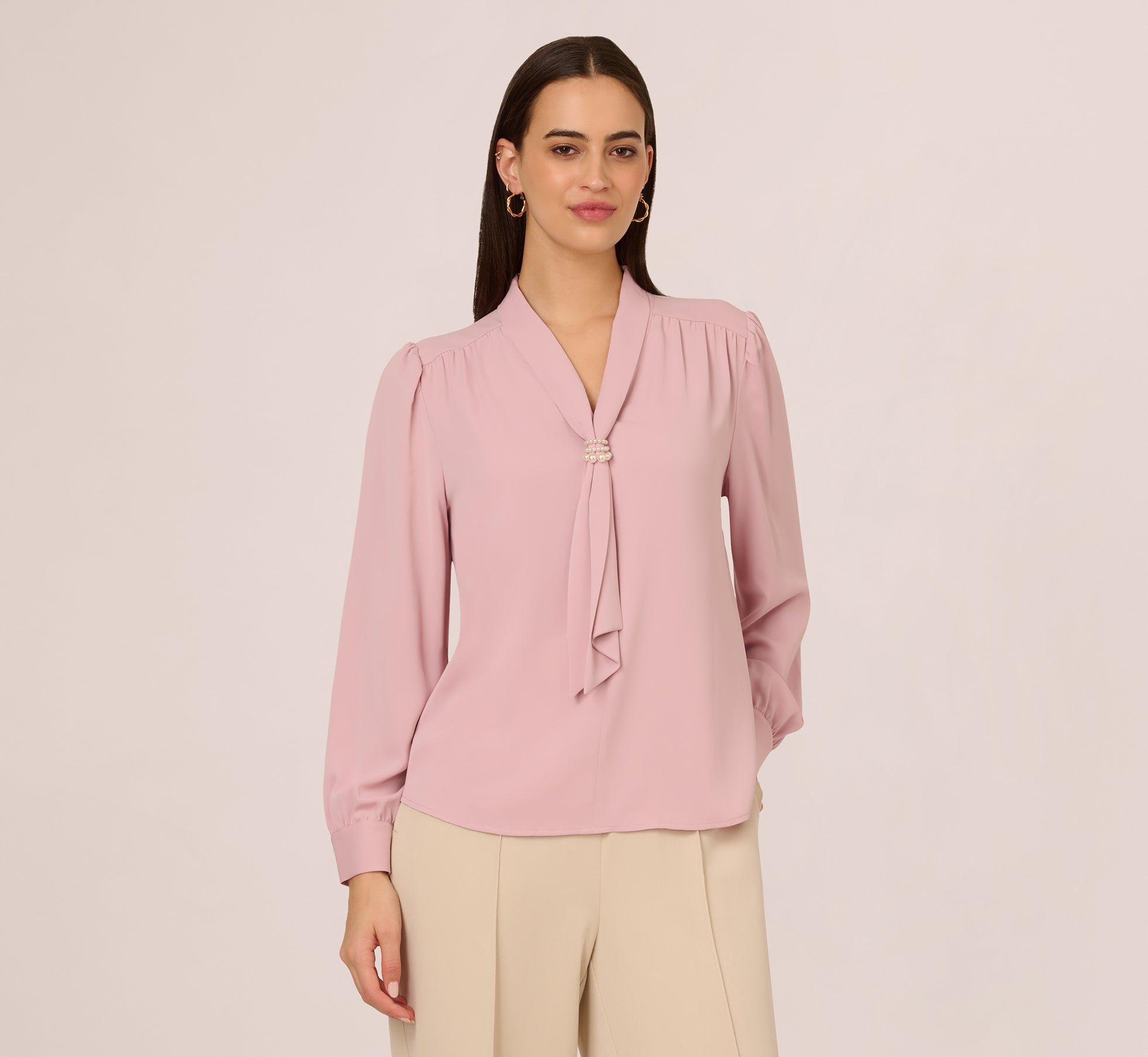 Elegant Long Sleeve Embellished Tie Collar Blouse in Lavender - Perfect for Beach Weddings, Date Nights & Office Wear