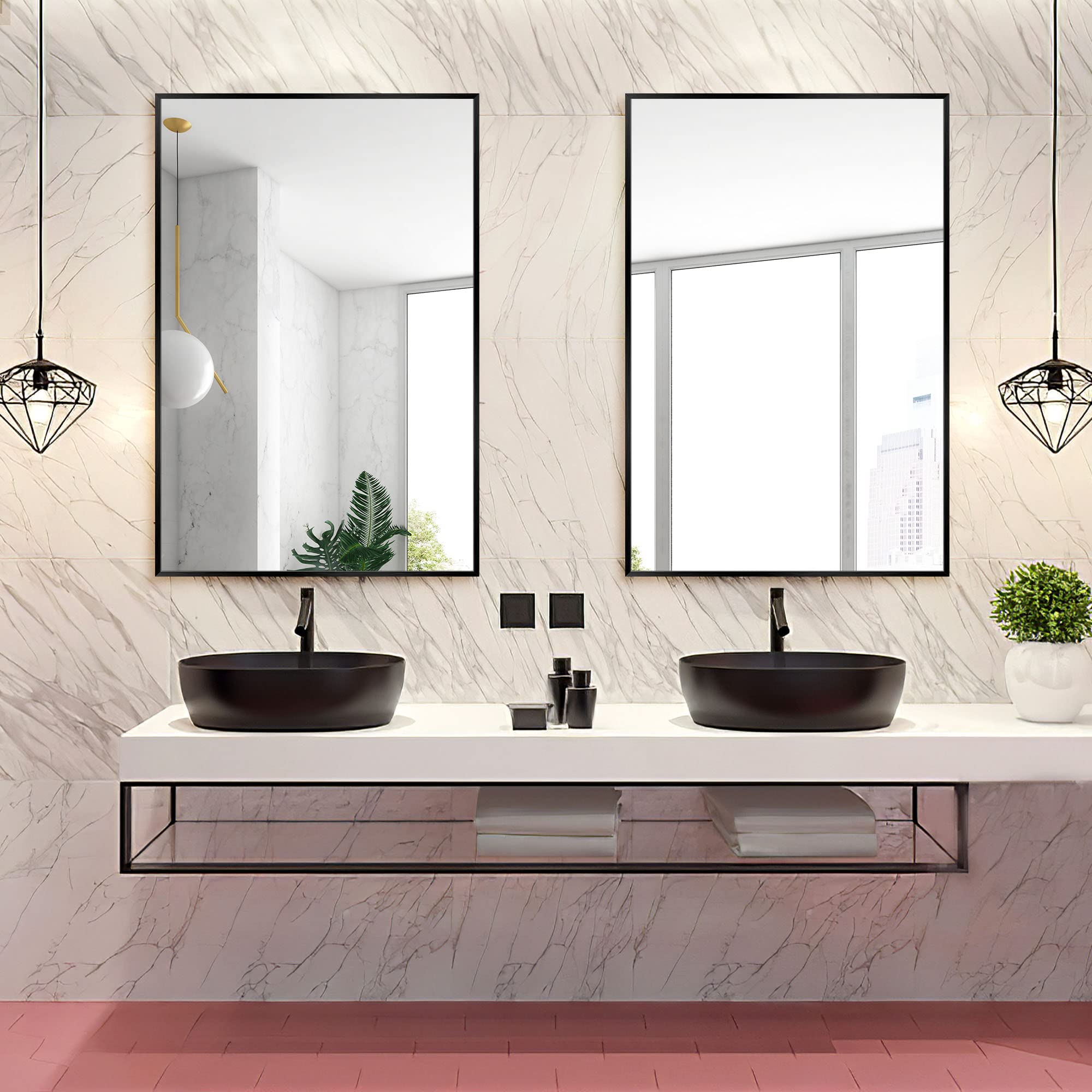 36x24 Black Wall Mirror - Bathroom & Living Room Decor with Aluminum Frame
