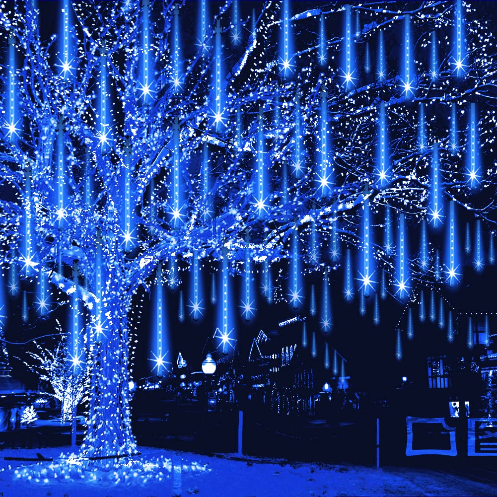 UL Certified Meteor Shower Christmas Lights - 12 Inch 8 Tubes Blue Cascading Rain Drop Snowfall Icicle String Lights for Outdoor Holiday Decor | Perfect for Xmas Tree, Wedding, Party & Garden Decoration
