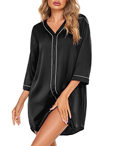 Ekouaer Women's Satin Nightgown Silk Sleepwear Button Up Pajama Dress V-Neck Casual Loungewear S-XXL - Perfect for Relaxing at Home, Sleepovers & Travel