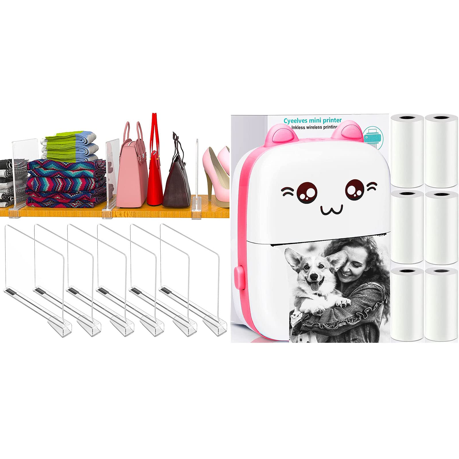 6 Pack Clear Acrylic Shelf Dividers for Closet Organization - Wooden Purse Organizer & Space Separator - Includes Portable Mini Thermal Printer with 6 Rolls of Printing Paper - Perfect for Closet Storage, Handbag Display, and Labeling System