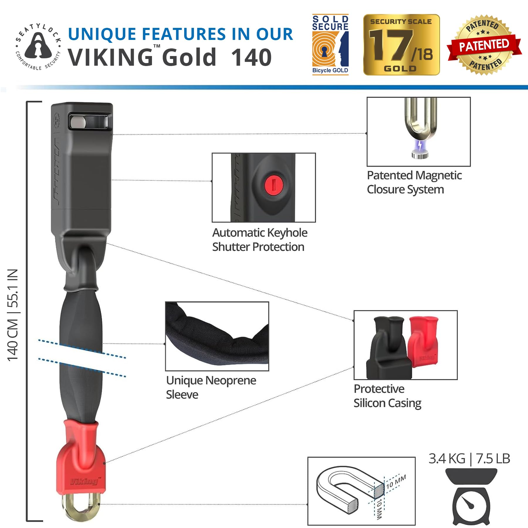 Seatylock Viking Chain Bike Lock - Heavy Duty Anti-Theft Motorcycle & E-Bike Lock with Sold Secure Gold Rating - Ultra Secure Electric Bike Chain Lock (55.1 Inch) - Perfect for Urban Commuting, Bike Parking & E-Scooter Security