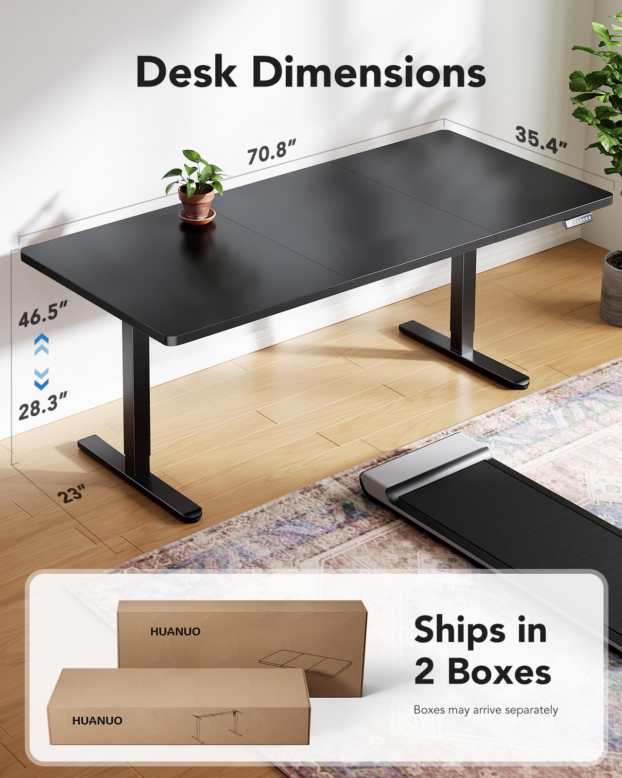 HUANUO Electric Standing Desk 71 x 35 Inches - Height Adjustable Office Desk with Powerful Brushless Motor, 4 Memory Presets & Sturdy T-Shaped Frame - Perfect for Home Office, Gaming Setup and Workspace Ergonomics