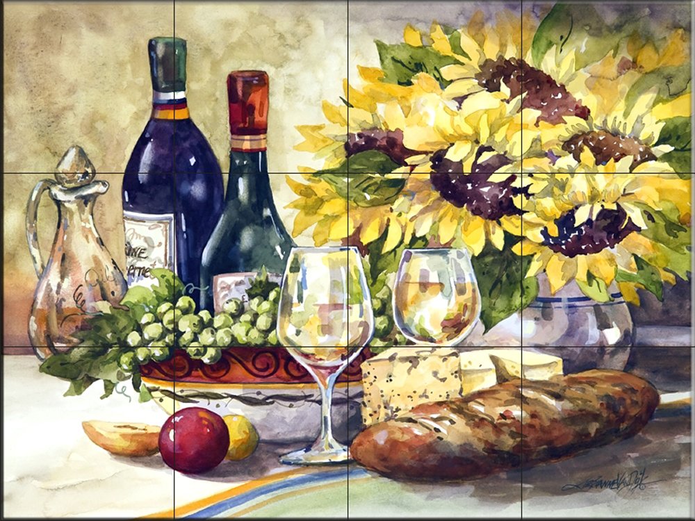 Ceramic Backsplash Tile Mural - Wine & Sunflowers Kitchen Decor - Jerianne Van Dijk Art - Perfect for Kitchen Remodeling & Home Renovation Projects