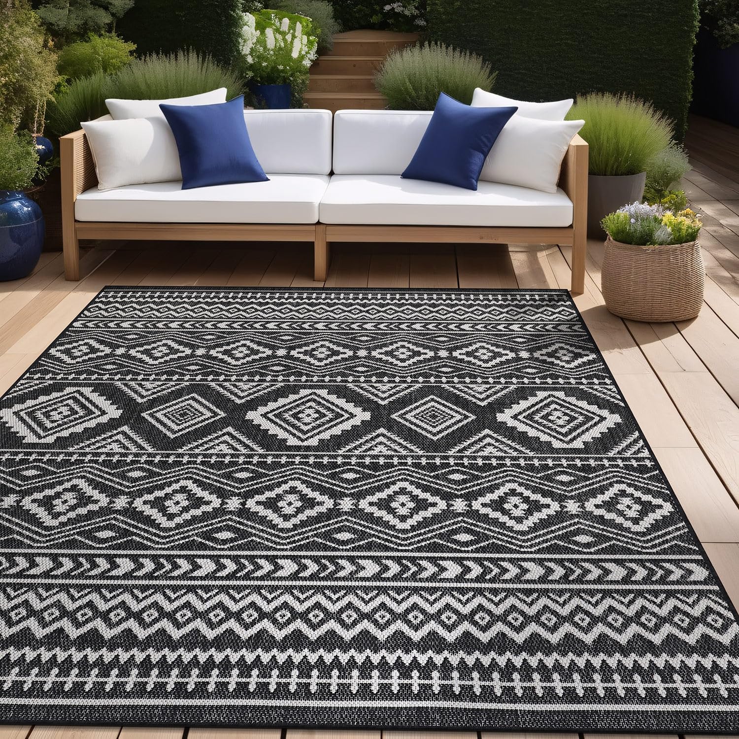 Beverly Rug Waikiki Boho Indoor Outdoor Rug 8x10 - Washable Bohemian Area Rug for Patio, Deck, Porch | Aztec Tribal Pattern Black and White Farmhouse Rugs - Perfect for Beach Houses, Living Rooms & Garden Decor