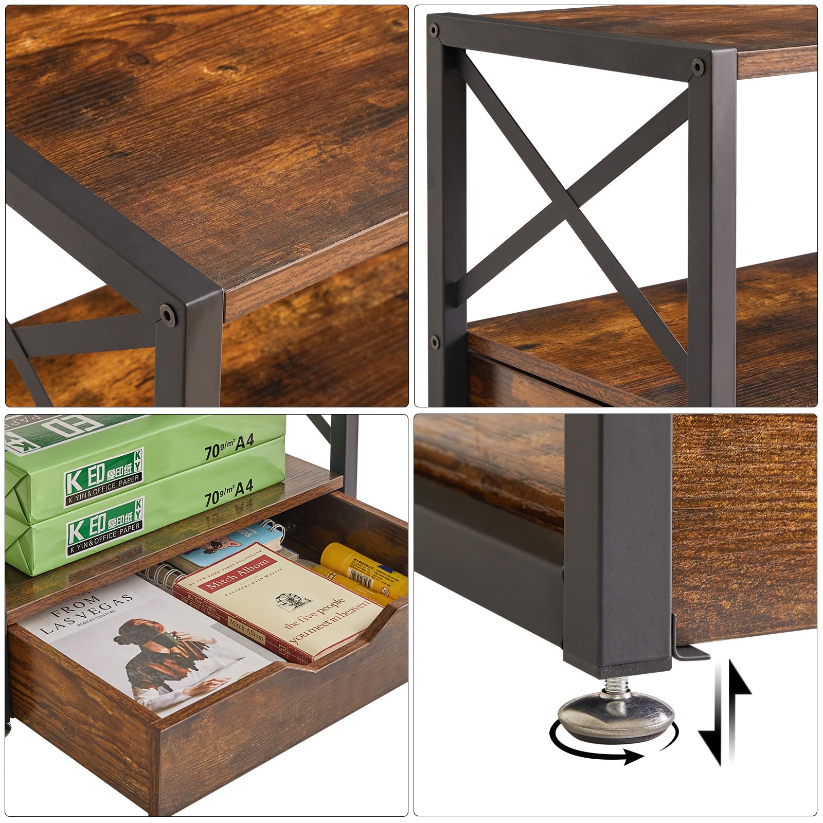 IBUYKE 2-Tier Wooden Desktop Printer Stand with Storage Drawer - Multi-Purpose Desk Organizer for Fax Machine, Scanner, Books & Folders - Rustic Brown Home Office Furniture for Workspace Organization (UTLJ006H)