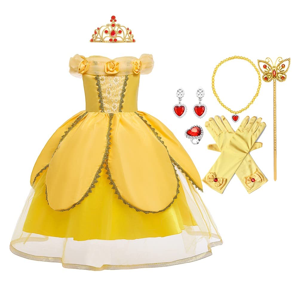 Belle Princess Dress for Girls - Beauty and The Beast Costume with Accessories | Halloween, Christmas, Birthday Party Gown for Kids Dress Up & Special Occasions