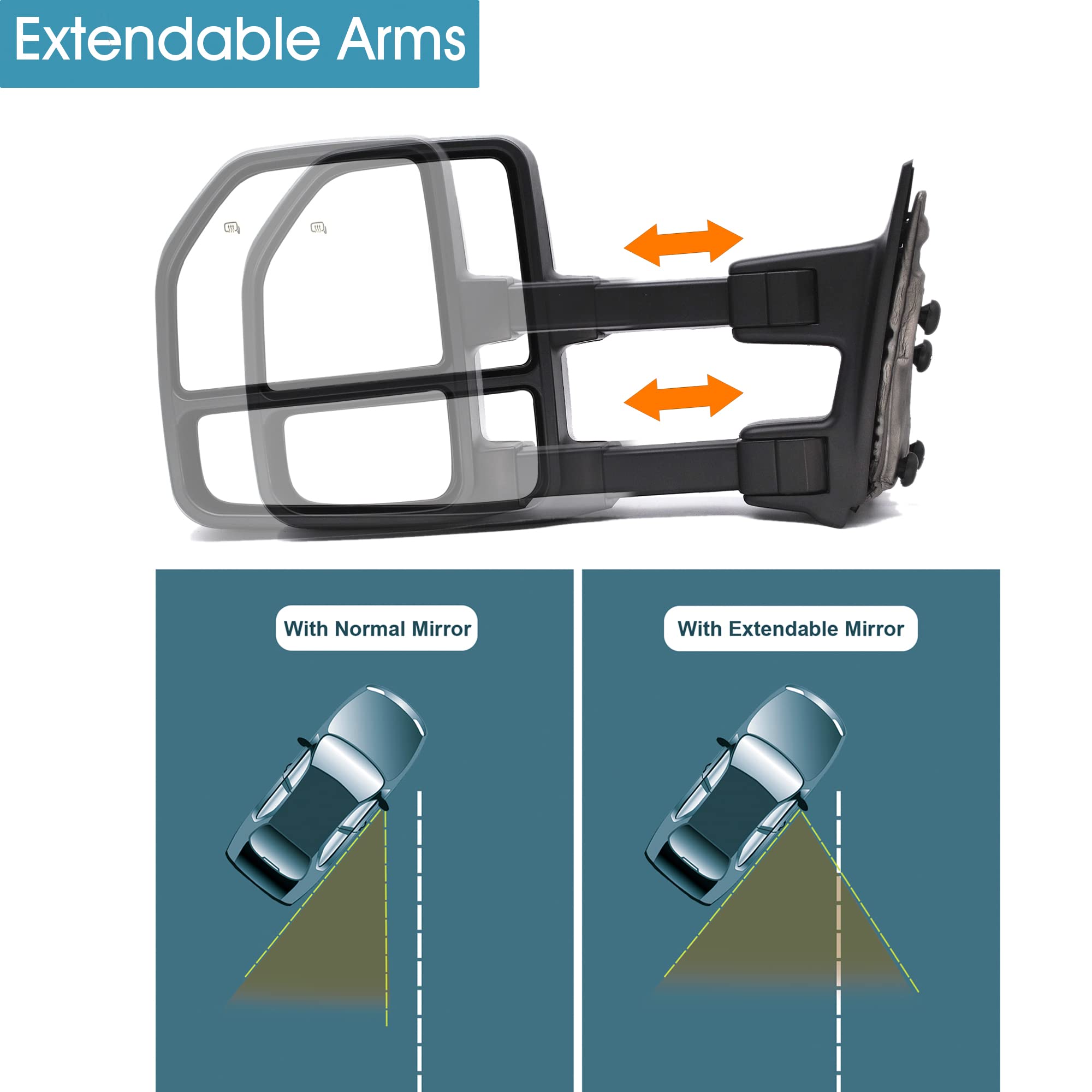 BOOLEE Manual Extendable Towing Mirrors for Ford F250 F350 F450 F550 Super Duty (1999-2016) - Chrome Cap, Folding Design with Manual Glass Adjustment - Perfect for Pickup Trucks, Towing Trailers & Off-Road Adventures