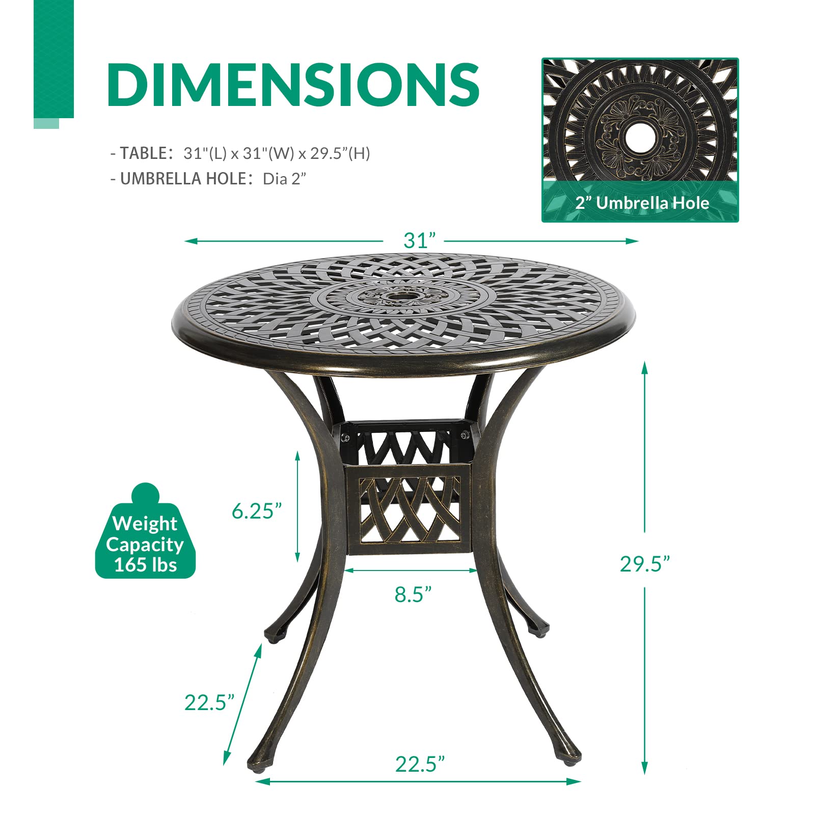 VIVIJASON 31 Inch Round Outdoor Patio Bistro Table - Bronze Cast Aluminum Dining Table with Umbrella Hole - Perfect for Backyard, Garden, Poolside & Restaurant Outdoor Seating