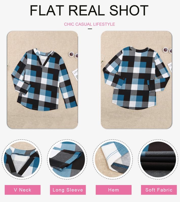 Dokotoo Women's Casual V-Neck Plaid Print Long Sleeve Blouse - Comfortable Work Shirt with Cuffed Sleeves (Sizes S-3XL) - Perfect for Office, Business Casual & Everyday Wear