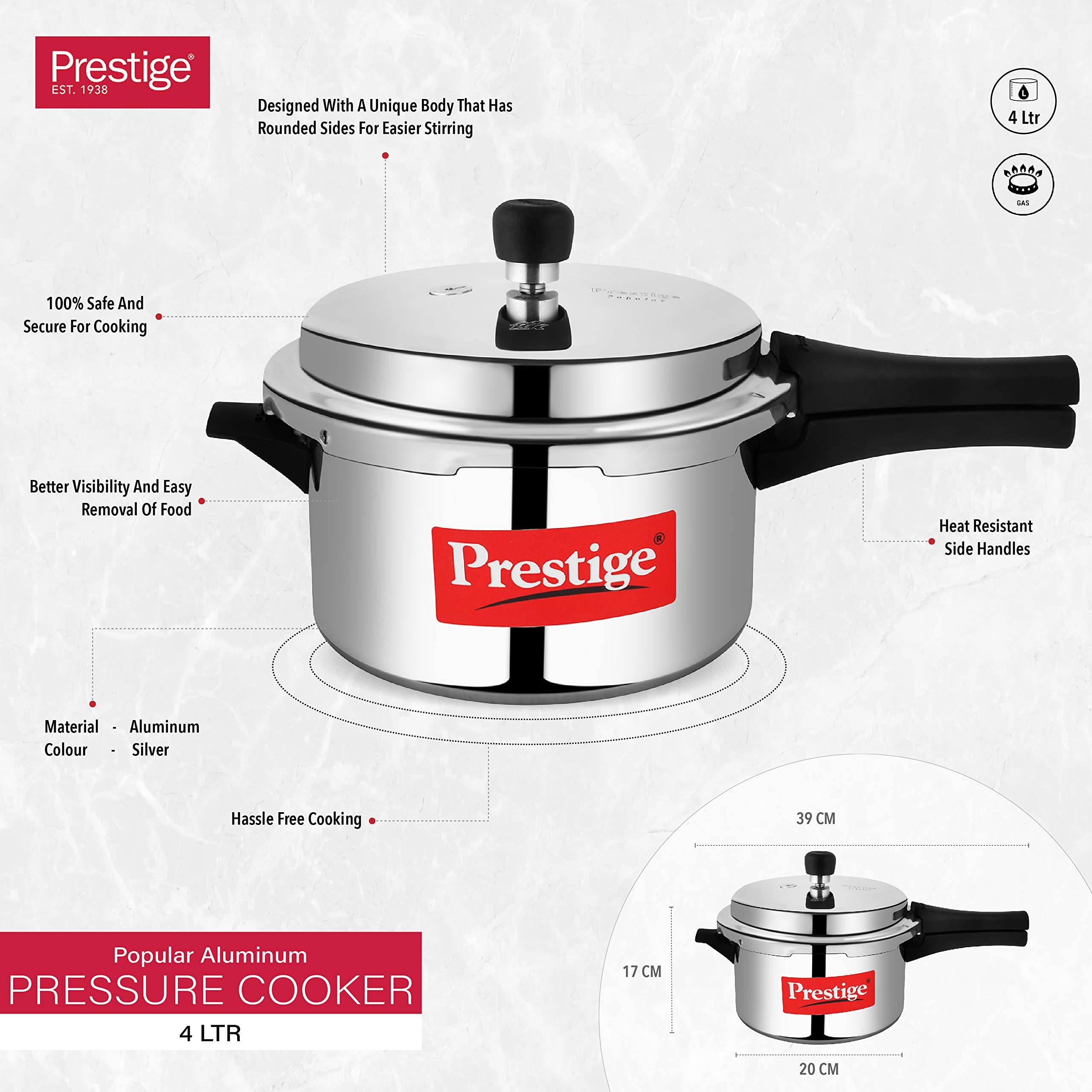 Prestige PRP4 4L Aluminum Pressure Cooker - Silver | Fast & Safe Cooking for Home, Kitchen, Camping & Outdoor Use