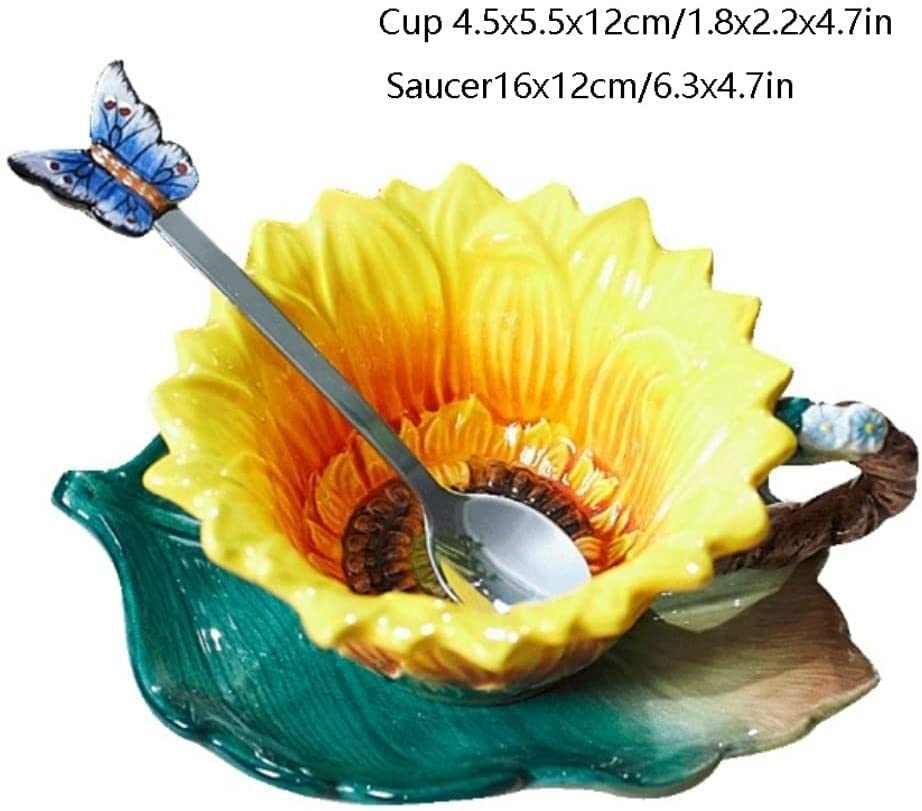 Sunflower Enamel Coffee Mug Set with Butterfly Spoon - 12oz Ceramic Tea Cup, Cute Home Decor Gift for Women, Birthday, Mother's Day - Perfect for Office, Kitchen & Coffee Lovers (Yellow, 1.8x2.2x4.7in)