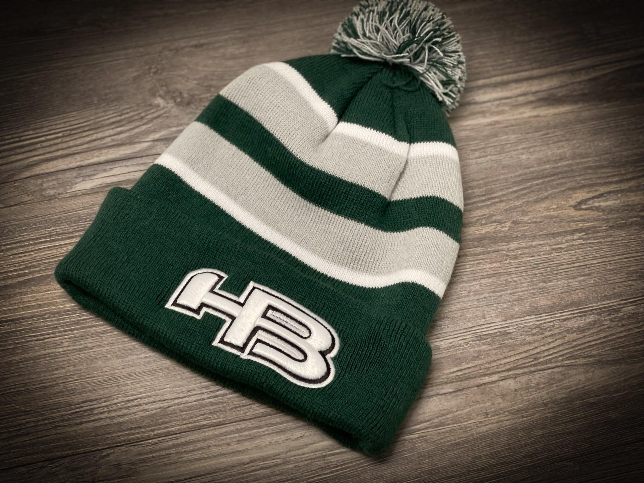 HB Sports Striped Color Winter Pom Pom Beanie Hat - Green and Silver - Warm Knit Hat for Women & Men - Perfect for Skiing, Snowboarding & Outdoor Winter Activities