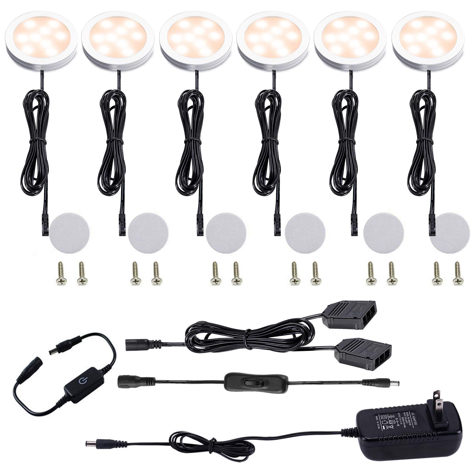 AIBOO 6-Pack Under Cabinet LED Puck Lights Kit with Touch Switch, Dimmable Kitchen Lighting for Cabinets, Cupboards & Closets (Warm White) - Perfect for Countertop Task Lighting & Home Decor Ambiance