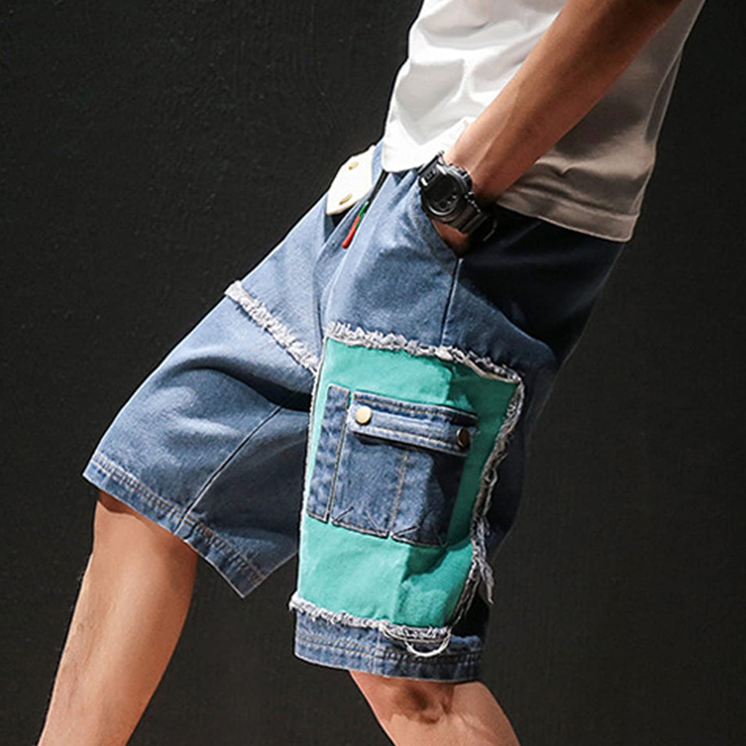 Men's Relaxed Fit Cargo Jean Shorts with Elastic Waist & Drawstring - Multi-Pocket Denim Shorts for Casual, Outdoor & Work Wear - Comfortable Loose Fit (Blue, Large) - Perfect for Summer, Hiking, Travel & Everyday Use