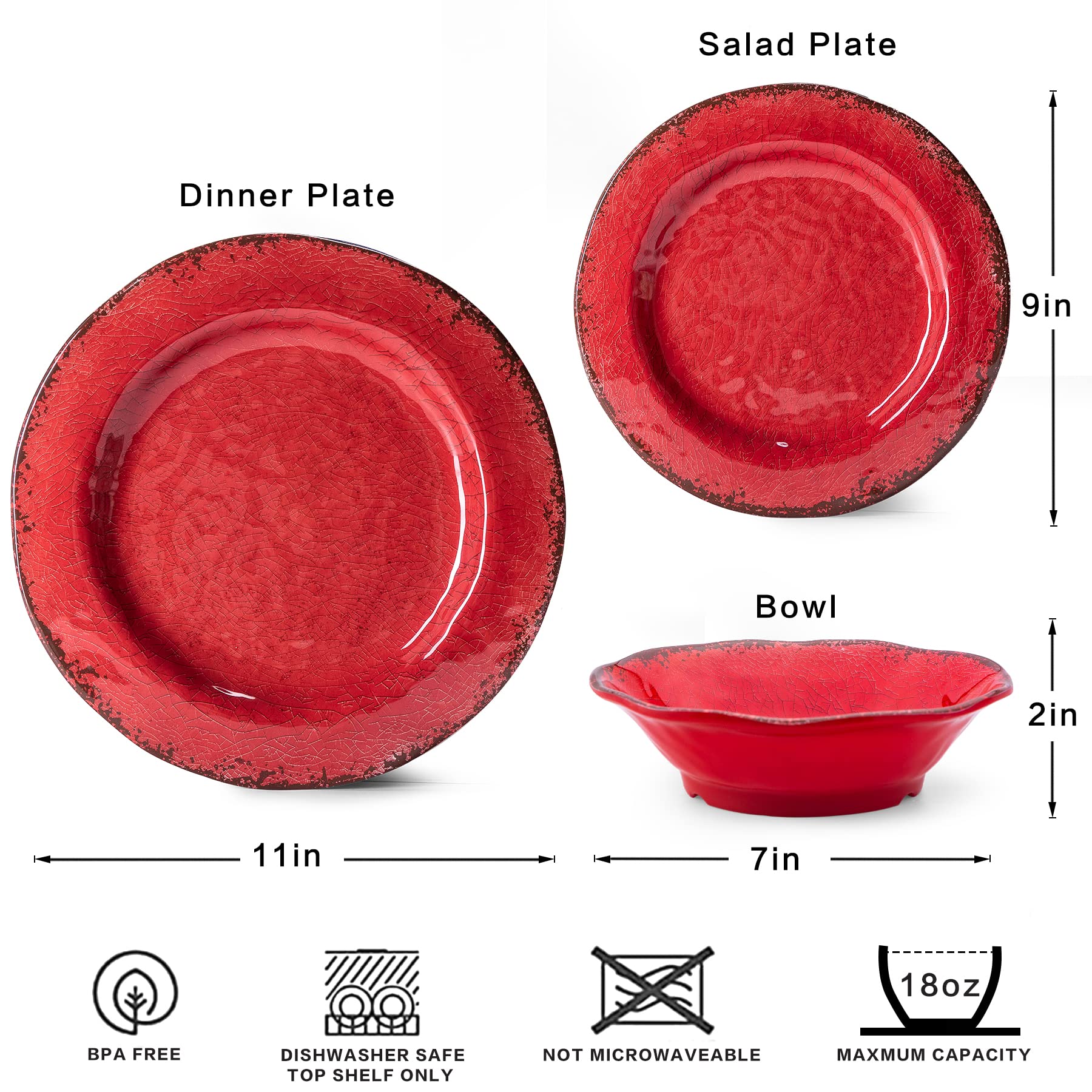 LEHAHA 12-Piece Farmhouse Dinnerware Set - Christmas Melamine Plates & Bowls for 4, Lightweight Unbreakable Dish Set - Perfect for Indoor Dining, Outdoor Parties & Picnics (Red)