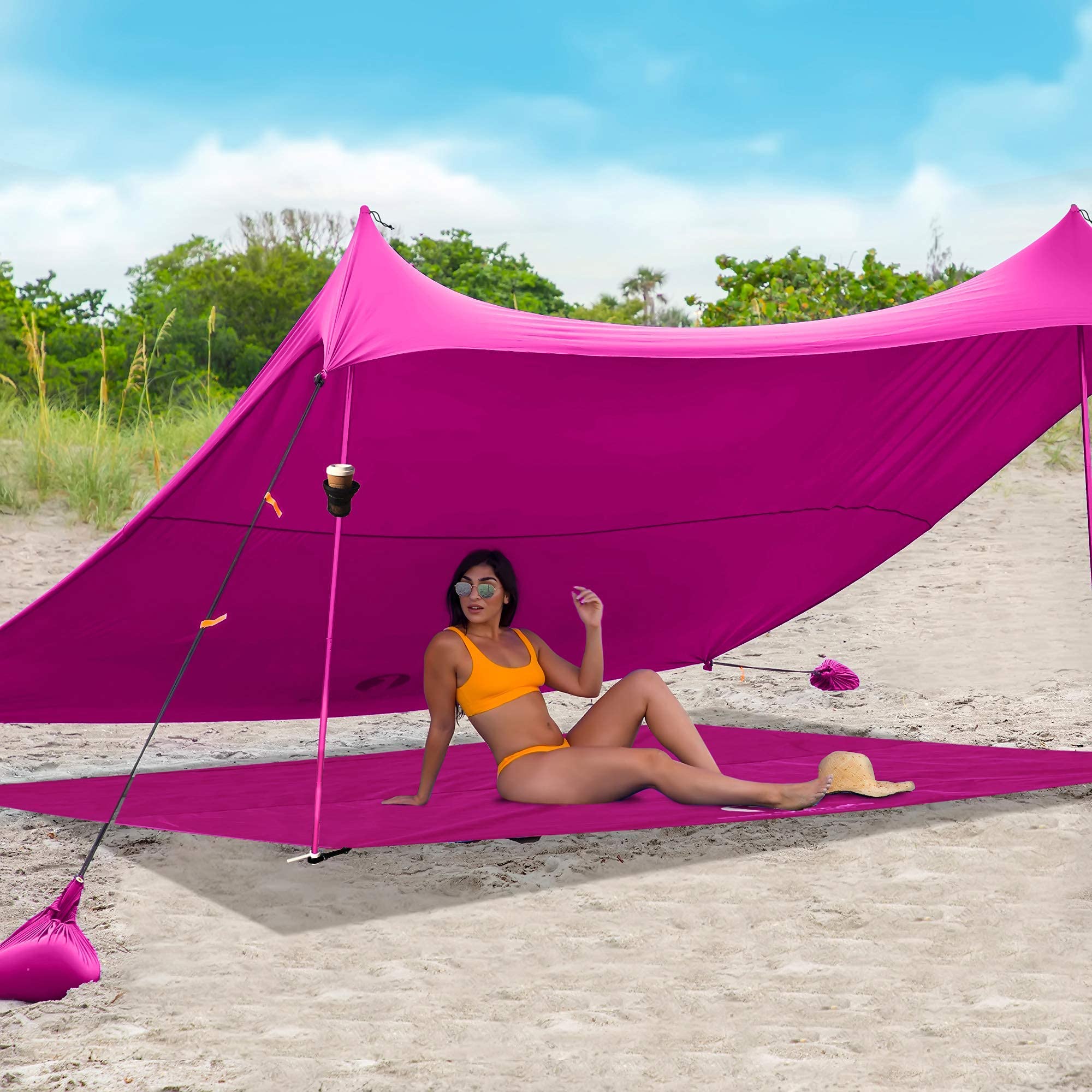 Red Suricata Family Beach Tent & Canopy with Sand-Free Mat & 2 Cup Holders - UPF50 UV Sun Shelter (Large, Pink) for Beach, Picnic, Camping & Outdoor Activities