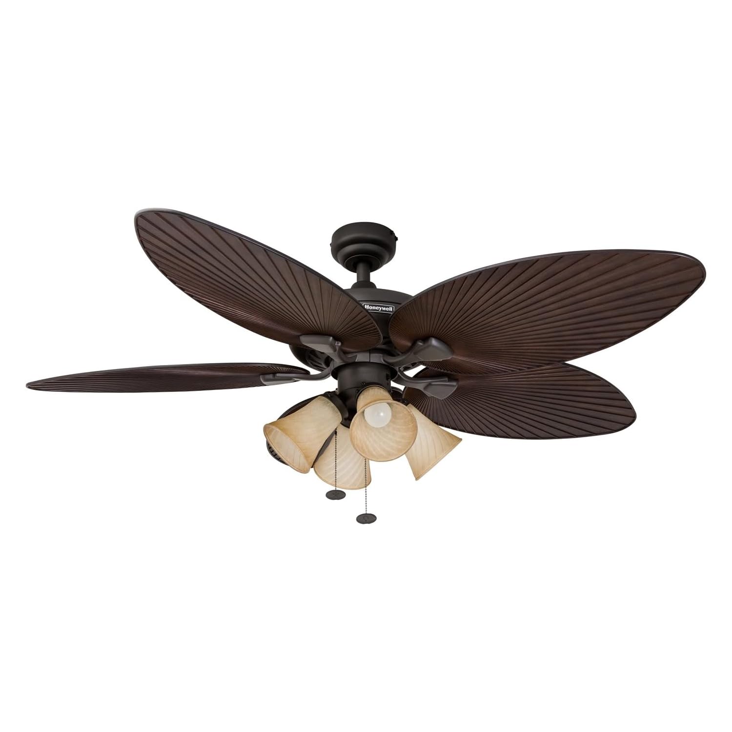 Honeywell 52 Inch Indoor/Outdoor Ceiling Fan with Light - Tropical Palm Leaf Blade Design, Pull Chain Control, ETL Damp Rated, Bronze Finish (50203-01) - Perfect for Patio, Living Room, Bedroom, and Covered Outdoor Spaces