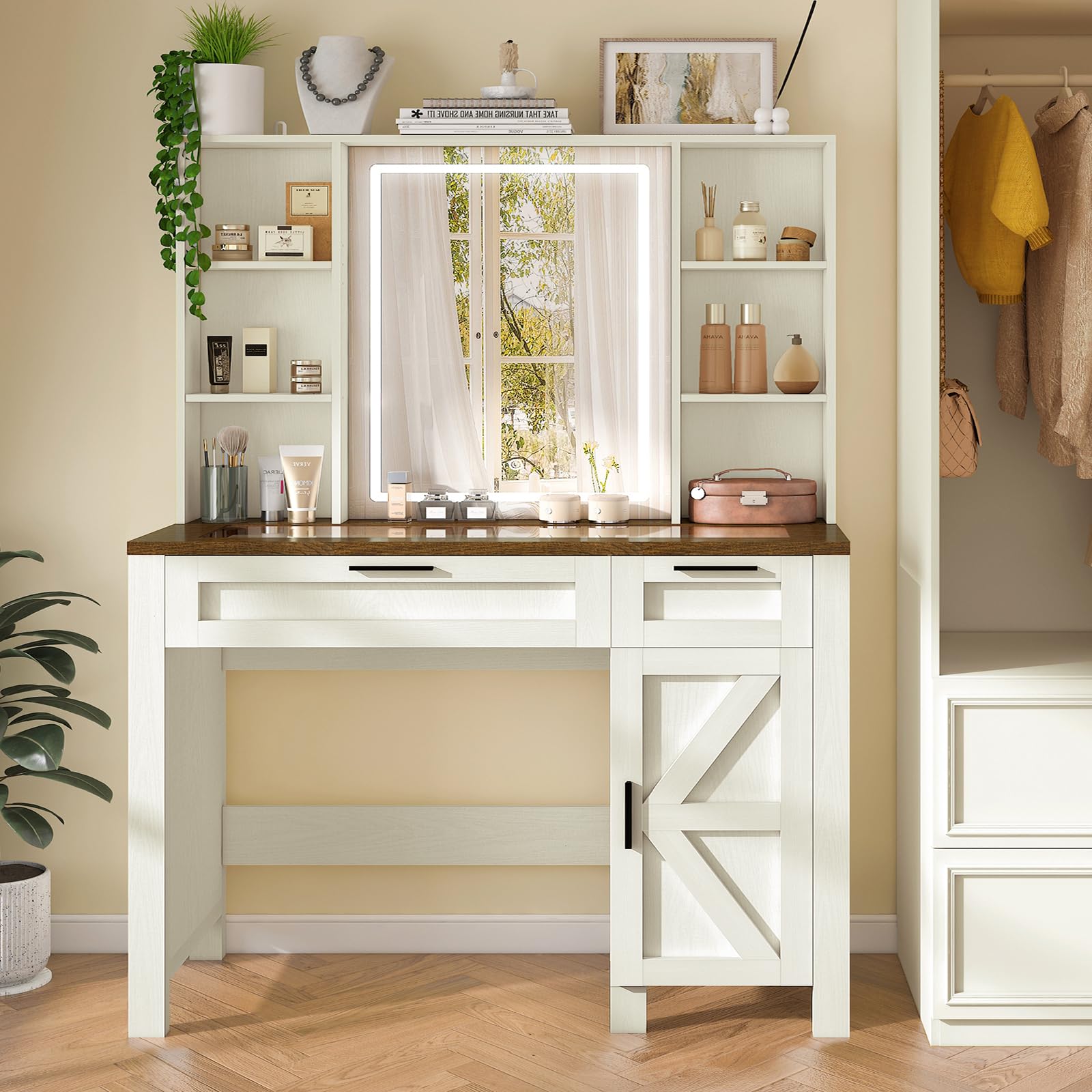Farmhouse Makeup Vanity Desk with Mirror & LED Lights - White Glass Top Dressing Table with Adjustable Shelves, 2 Drawers & Side Cabinet - Perfect for Bedroom, Dorm Room or Boudoir Makeup Organization