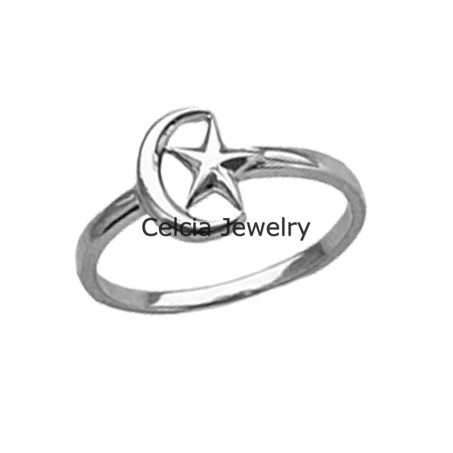 925 Sterling Silver Little Moon and Star Ring - Boho Crescent Moon Jewelry for Women | Minimalist Dainty Stackable Ring | Perfect Gift for Mother's Day, Birthday & Special Occasions | Size 7 | Everyday Wear & Layering Jewelry