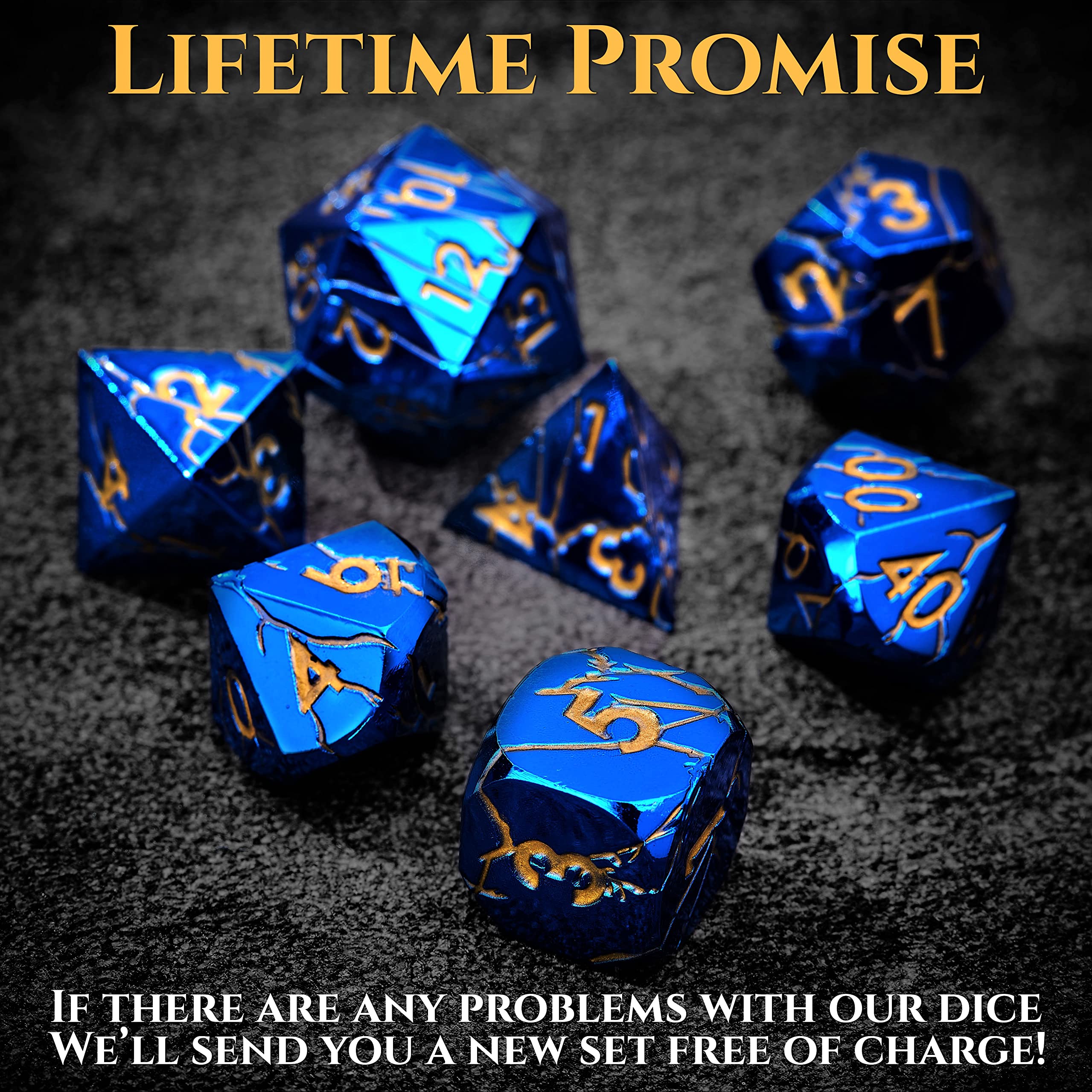 DND Metal Dice Set - Cracked Lightning Blue & Gold RPG Dice for Dungeons & Dragons - Premium Polyhedral D&D Dice with Unique Cracked Design - Perfect for Tabletop Gaming, RPG Campaigns & Collectors