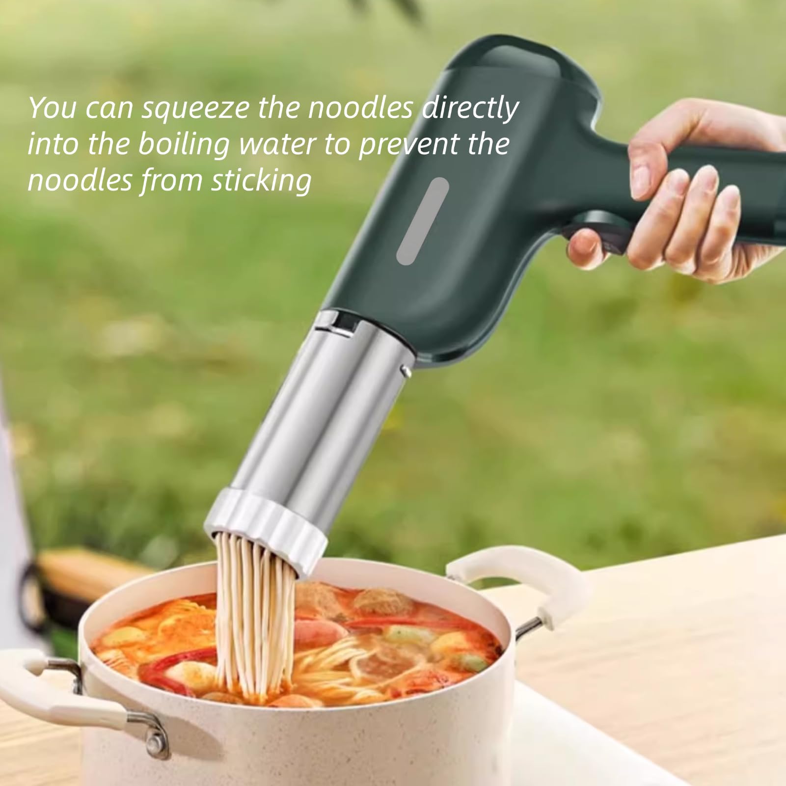 5-in-1 Electric Pasta Maker Machine - Handheld Cordless Noodle Maker for Homemade Ramen, Spaghetti & Dough - Includes Dough Press, Cutter & Cleaning Brush (Green) - Perfect for Kitchen, Camping & Small Spaces
