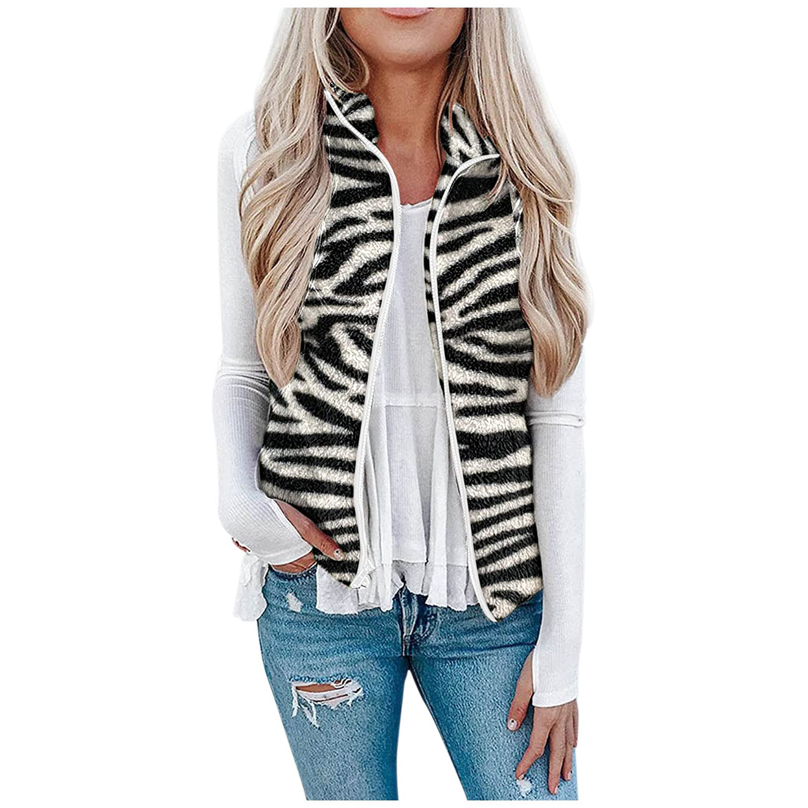 Women's Plus Size Sleeveless Plush Vest - Fall Fashion Lapel Coat with Zipper & Pockets | Loose Fit Printed Overcoat for Casual Outfits, Office Wear & Layering