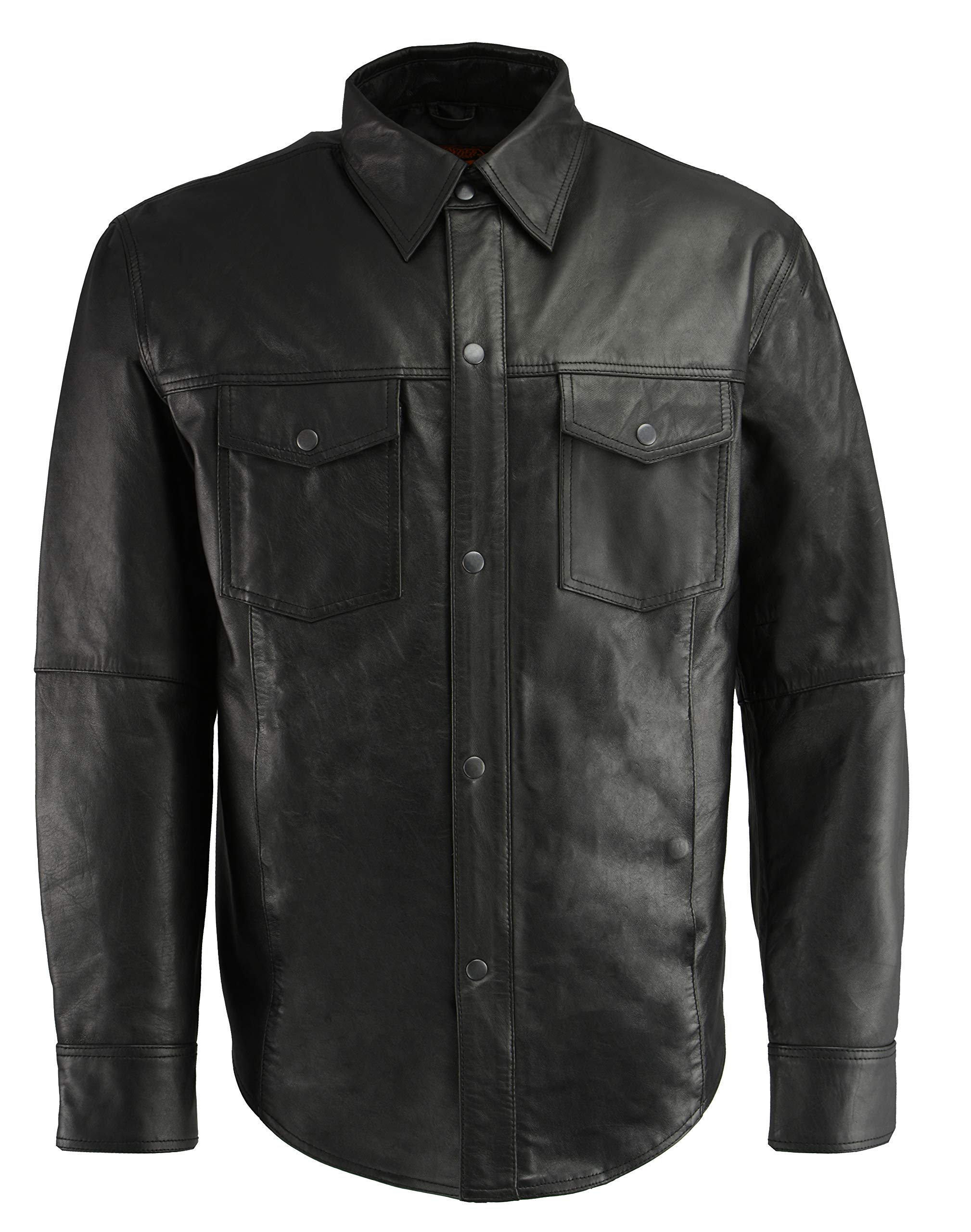 Men's Lightweight Casual Snap Button Real Leather Long Sleeve Shirt - Black (Small) | Perfect for Office, Date Night & Outdoor Activities