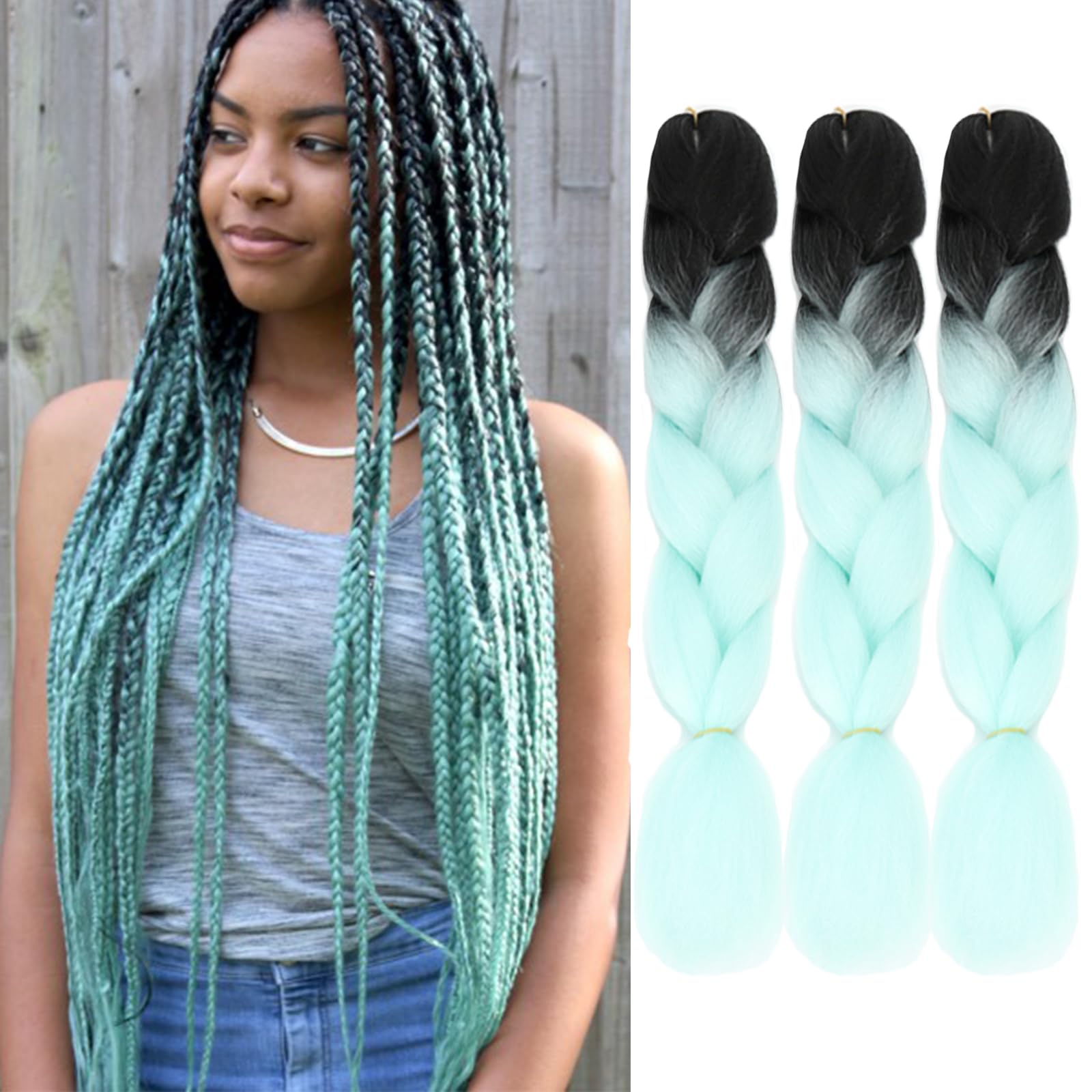 Ombre Braiding Hair Extensions - Mint Green & Black 24