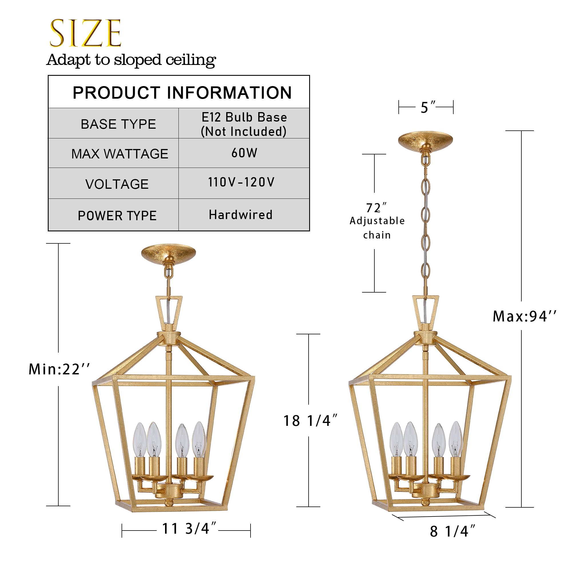 Untrammelife 4-Light Aged Gold Lantern Pendant Light - Adjustable Height Metal Geometric Chandelier with 12’’ Classic Cage Design & Hand-Pasted Gold Foil Finish - Perfect for Kitchen Island, Dining Room, Hallway, and Entryway Lighting