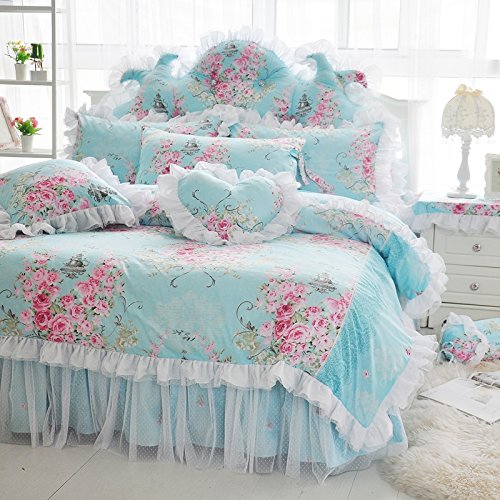 LELVA 4-Piece Floral Bedding Set for Girls - Romantic Rose Print Duvet Cover with Lace Ruffle & Bed Skirt, Full Size Blue - Perfect for Princess Themed Bedrooms & Teen Girl Decor