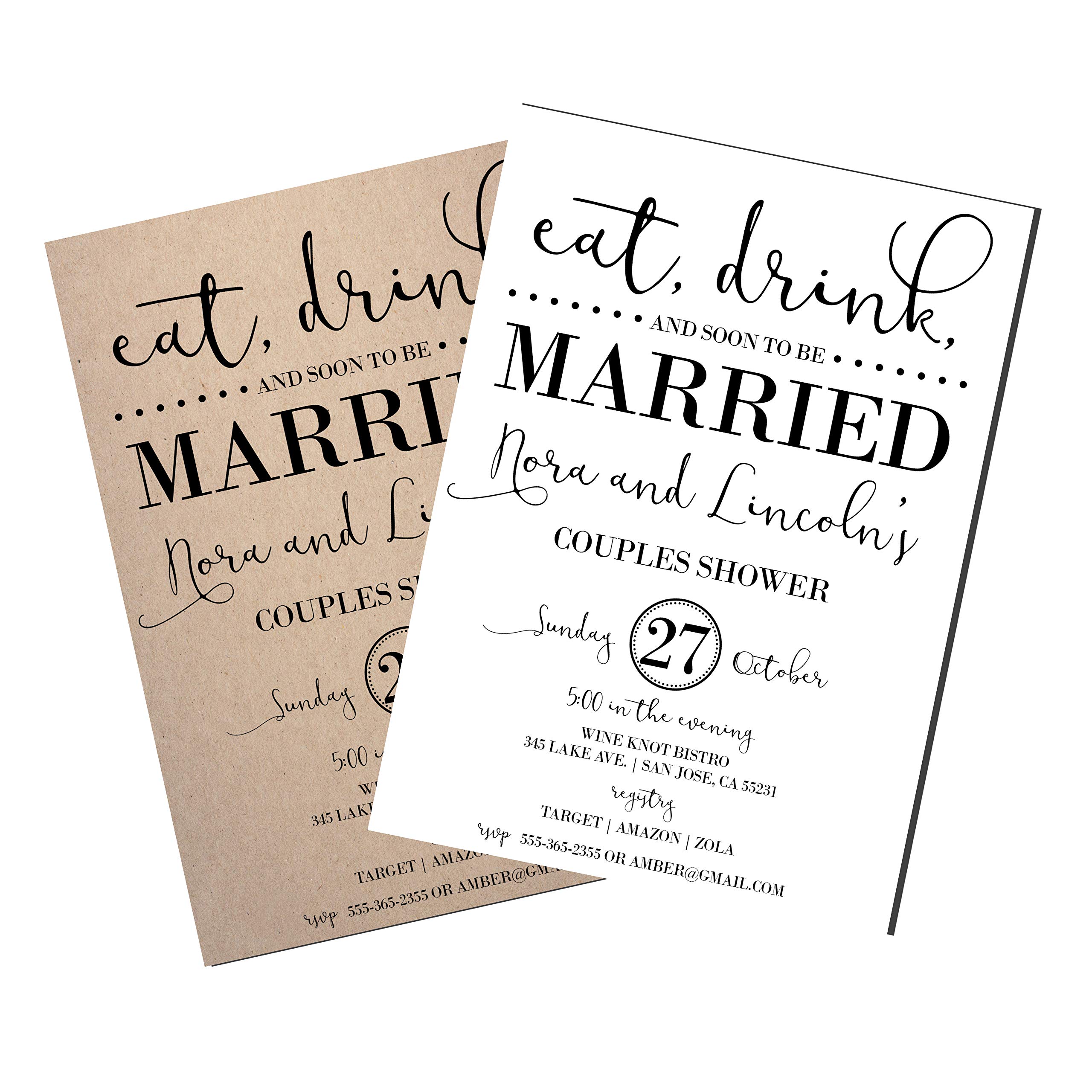 Elegant Couples Shower Invitations - Modern Black & White Kraft Paper Wedding Shower Invites with 'Eat, Drink & Be Married' Design - Perfect for Engagement Parties, Bridal Showers & Wedding Celebrations