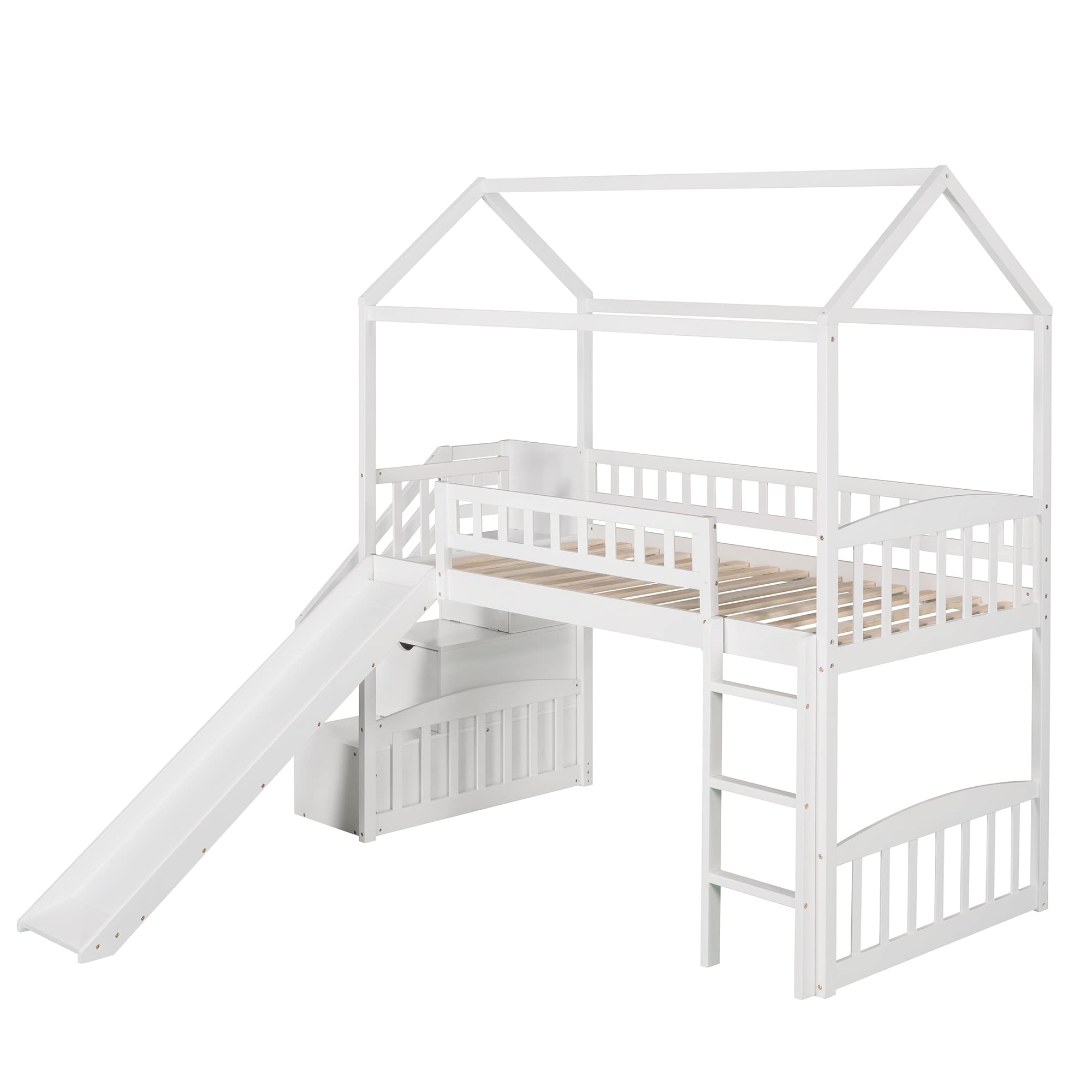 Harper & Bright Designs Twin Loft Bed with Slide, Storage, Stairs & Roof - Wooden Kids Loft Bed Frame for Boys & Girls - Perfect for Small Rooms, Playrooms & Sleepovers (Twin Size, White)