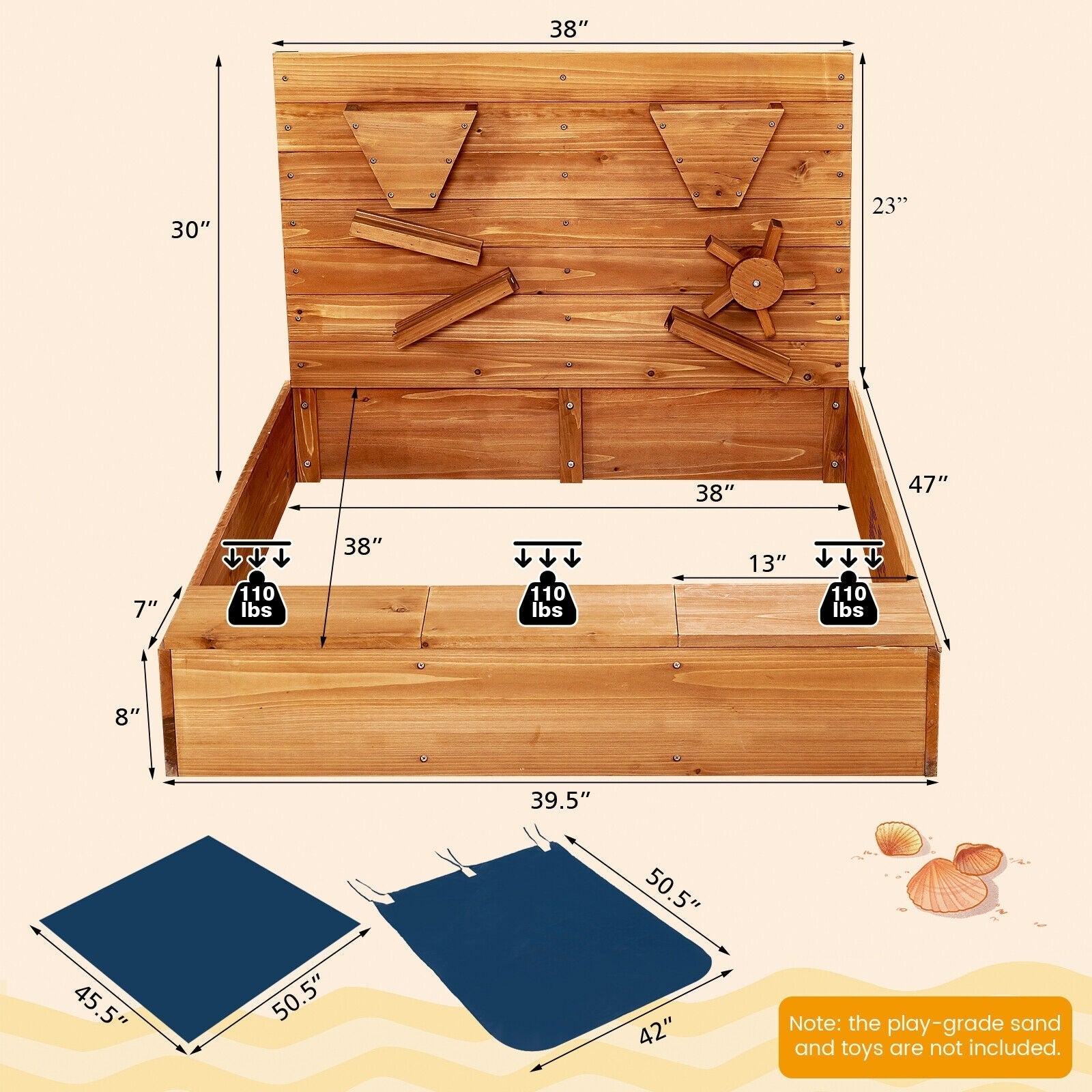 Kids Wooden Square Sandbox with Cover - Durable Outdoor Play Sand Box for Children - Perfect for Backyard, Garden & Playground Fun
