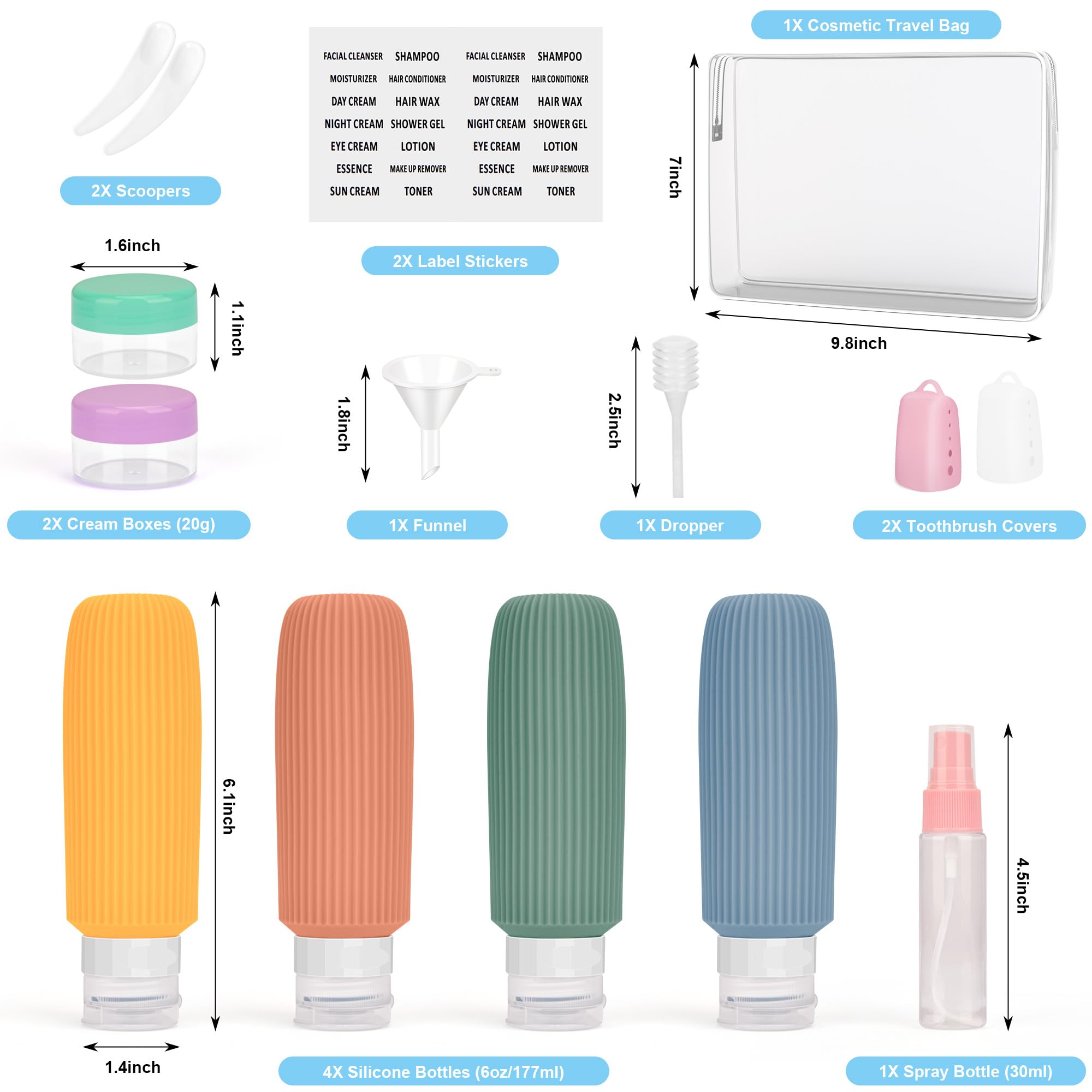 6oz Travel Bottles for Toiletries - BPA Free Leak Proof Travel Size Containers with Labels | Perfect for Shampoo, Lotion & Cosmetics | Ideal for Road Trips, Airplane Travel & Camping Essentials